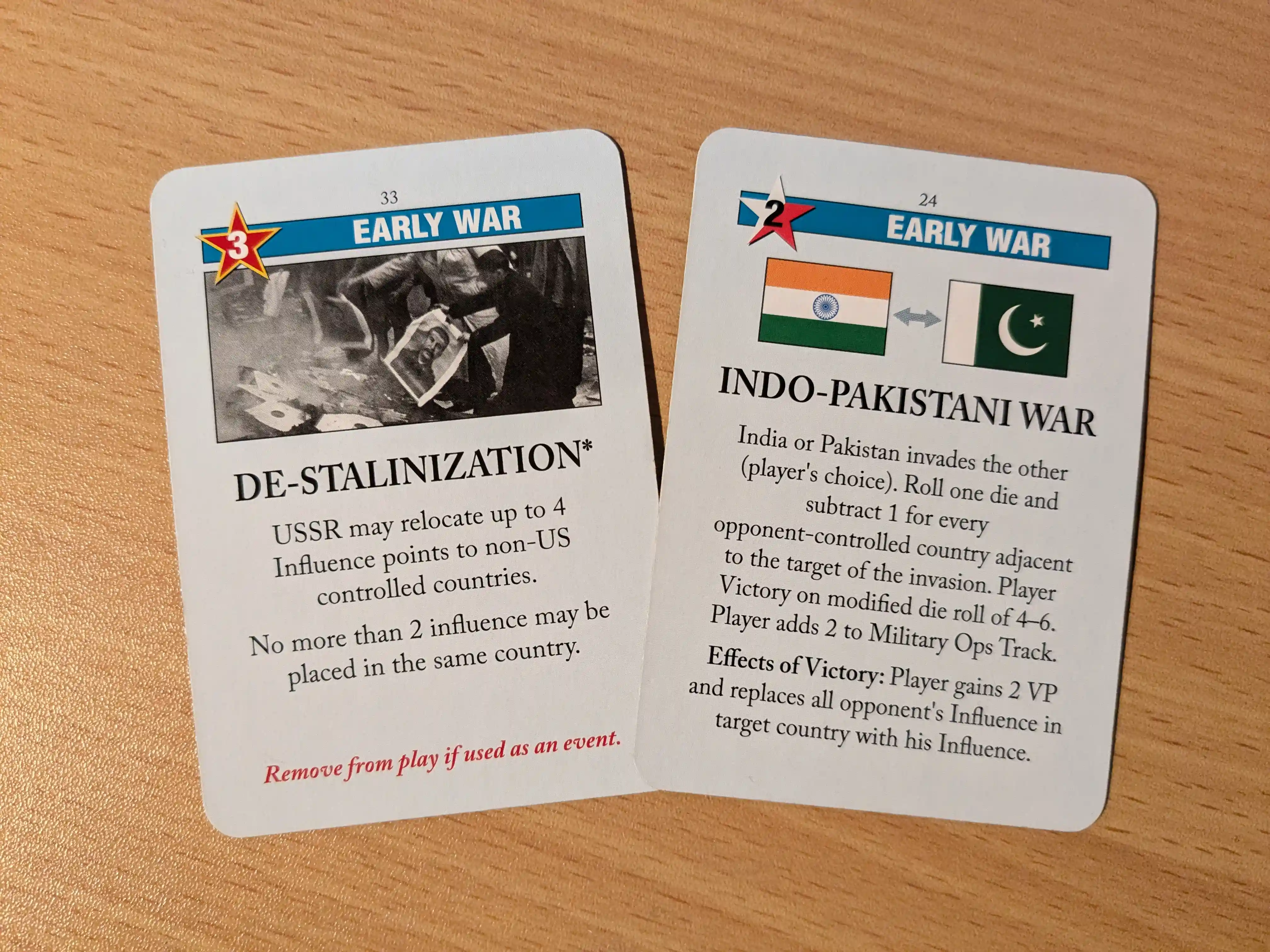 The De-Stalinization and Indo-Pakistani War cards from Twilight Struggle